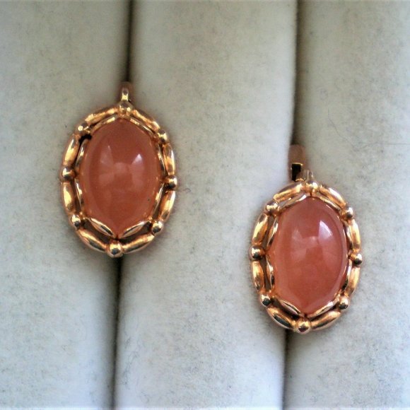 Vintage Russian Soviet USSR 14K 583 Rose Pink Gold Rose Pink Chalcedony Earrings - Picture 5 of 7